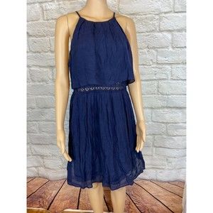 IZ Buyer Dress Size 11 Dark Blue Dress with Overlay Top Cover Trim Lined Dress